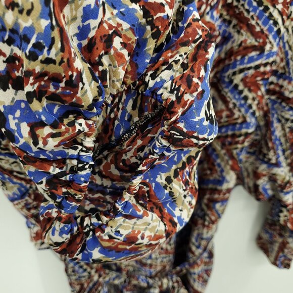 Parker 100% Silk Geometric Printed Balloon Sleeve Mini Dress Batwing Sz M Multi - Picture 9 of 15